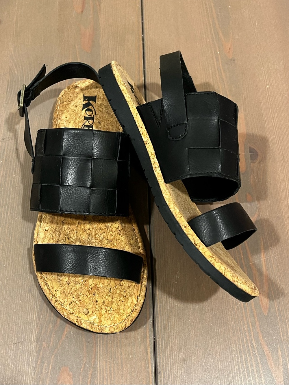Korks Woven Flat Sandals Black Size 7 Sling Back Open Toe Comfort Minimalist